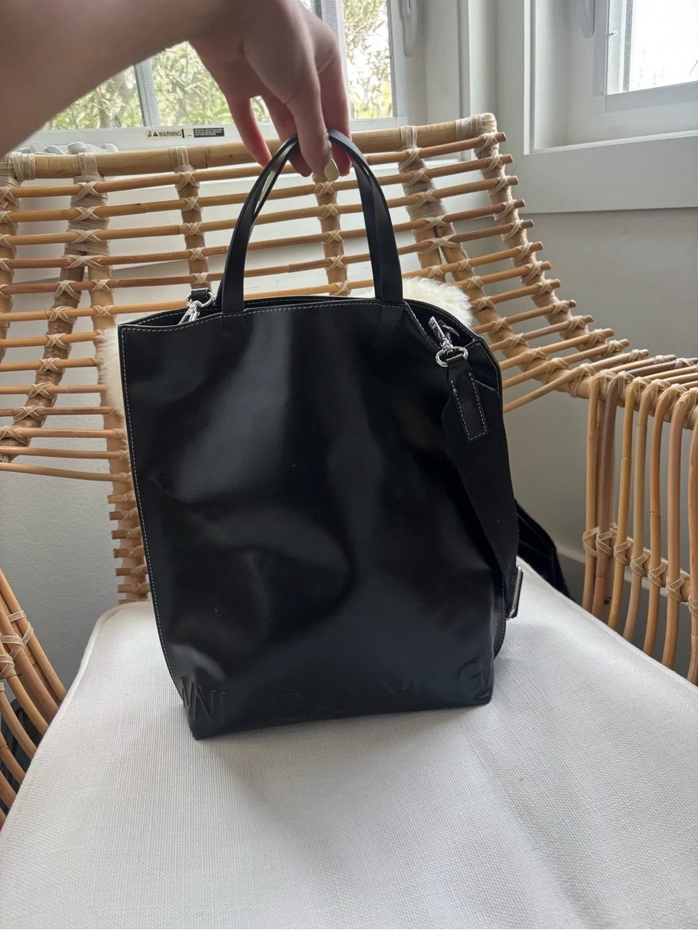 Ganni Black Leather Tote Laptop Bag